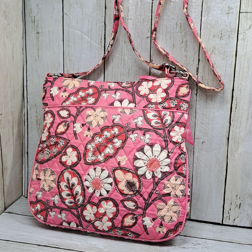 Vera Bradley M/Lrg 12"t Pink Floral Hipster ZipTop MultiPocket Crossbody Retired - Picture 3 of 12